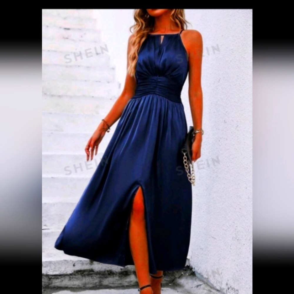 SHEIN Clasi Solid Split Thigh Satin Cami Dress